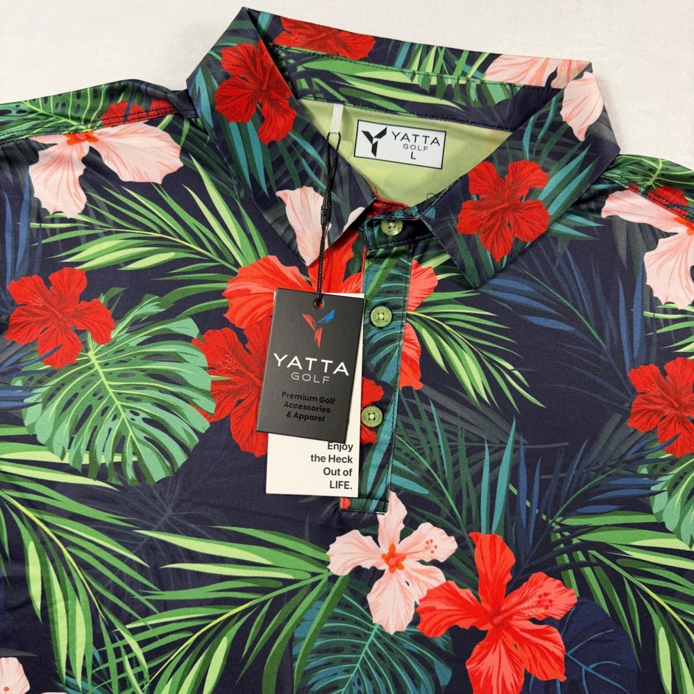 Yatta Golf Polo Men Large Jungle Hibiscus Tropical Floral Stretch Colorful NWT